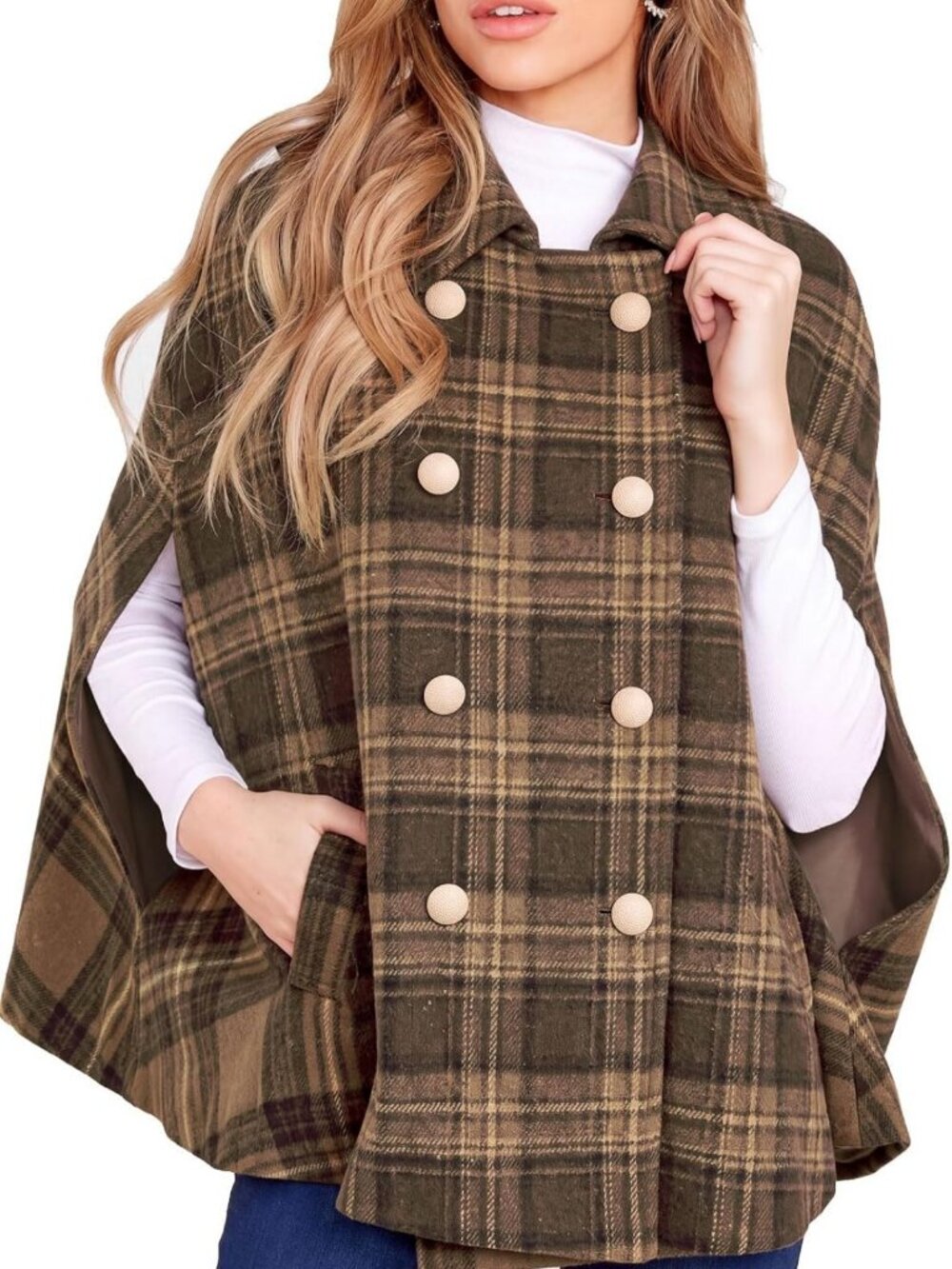 Stylish Women's Plaid Double Breasted Winter Cape Coat with Pockets & Turn Down